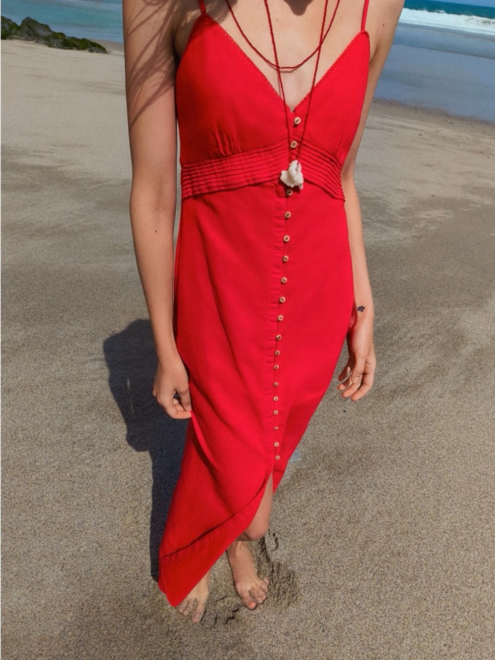 ZARA Red Linen Blend Midi Dress Button Front Slit Strappy Size XS Summer - Picture 16 of 16